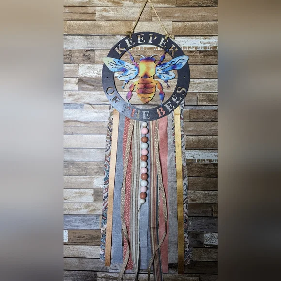 Keeper of the Bees Metal Boho Wall Hanging W Wooden Beads - Picture 6 of 6